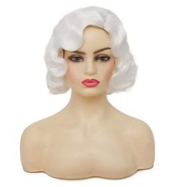 Swiking Short White Curly Finger Wave Wigs for Women 1920s Wig Vintage Synthetic Cosplay Costume Full Wig (White)