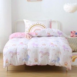 FEKOHIPY Kids Duvet Cover Set Unicorn Children's Bedding Single 135x200 Girls Pink 3D Print Microfibre Kid Duvet Cover with Zip and 1 Envelope Pillow Case 50x75cm Rainbow Castle Child Bedding Linen