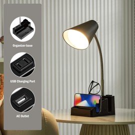 lianheng Small Desk Lamps for Home Office, Table Lamp with USB Port and Outlet, Desktop Lamp with Pen Holder, Flexible Gooseneck Desk Lamp, Black Table Lamp for Reading Study