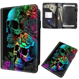 Server Book for Waitress, Waiter Book Server Wallet Fit Serving Aprons, PU Leather with Zipper and 7 Large Pockets Pen Holder for Checks Pen Holder Personal Organizer Wallet,Colorful Rose Flower Skull