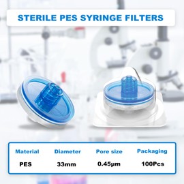 CryoKing 100Pcs Syringe Lab Filter, Sterile PES Hydrophilic Filters, 0.45um Pore Size, 33mm Membrane Diameter for Biomed Scientific Laboratory, Individually Packed