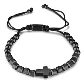 REchoLI Cross Bracelet for Man,Stainless Steel Silver/Black Beaded Bracelet with Cross Charm Textured Cylinder & Round Beads Adjustable Unisex Wristband Christian Jewelry (Black)