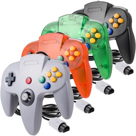 miadore 4 Pack Classic N64 Controller, Wired Classic N64 Gamepad with Upgraded Joystick (Black/Gray/Clear Orange/Clear Green)