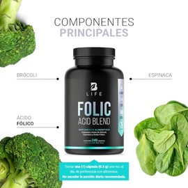Ácido Fólico de 240 Cápsulas con Brócoli y Espinaca. Ingredientes Naturales. Folic Acid Blend B Life.