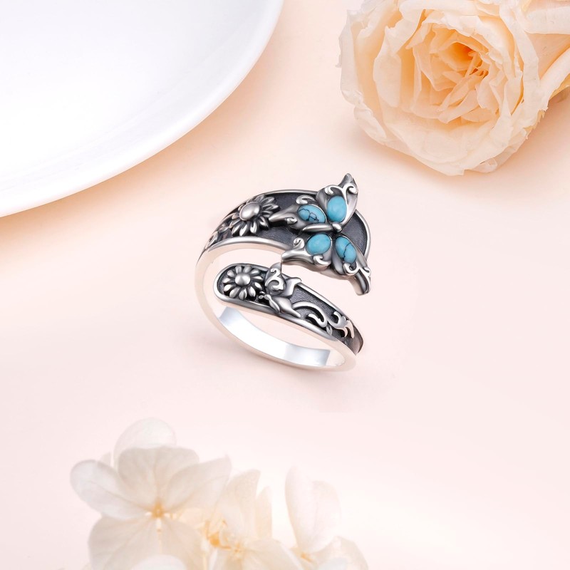 Alphm Butterfly Spoon Turquoise Ring for Women S925 Sterling Silver