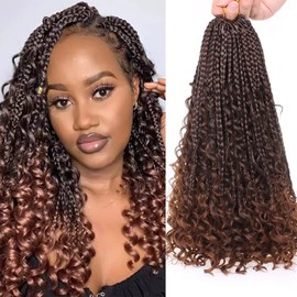 8 Packs 14 Inch Boho Box Braids Crochet Hair Curly Ends Pre-looped Messy Goddess Box Braids Hair Bob Bohemian Hippie Braids for Black Women Ombre Brown Synthetic Braiding Hair Extension T30#