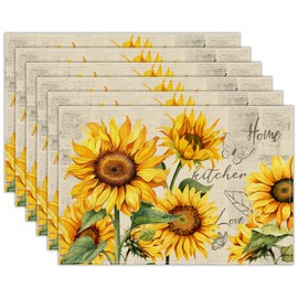 Sunflower Placemats Set of 6, Spring Summer Sunshine Table Mats 12x18 Inch, Farmhouse Washable Table Decor for Kitchen Dining Indoor Outdoor Party Holiday