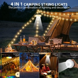 Camping String Lights, 4 in 1 Quick Storage Camping Essentials Gear 32.8FT Rechargeable Tent Lights with 9 Modes Warm +RGB Waterproof Camp Lamp for Camping Hiking Patio Garden Festival (Black Shell)
