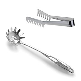 HornTide Stainless Steel Pasta Server Set 1x 8-inch Serving Tongs 1x 12-inch ...