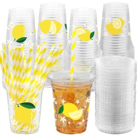 ABURRORI 50 Sets 12OZ Lemon Plastic cups with Lids and Straws, Yellow Lemon Party Decorations Disposable Print Clear Plastic Cups For Fruit Themed Party Juice Soda Beverage Supplies Favors