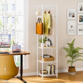 Roxibelt R1 Coat Rack Freestanding, Hall Tree with 4 Storage Shelves and 16 Hooks, Coat Rack Stand with Shelves, Small Clothes Rack Organizer for Entryway, Hallway, Bedroom, Office, White