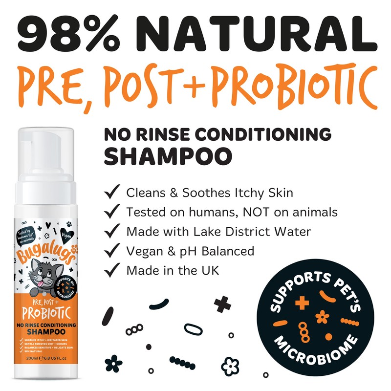 Bugalugs No Rinse Cat Shampoo for Itchy Skin with Prebiotics,