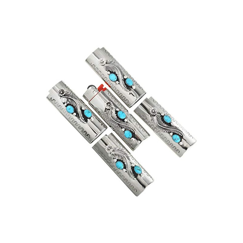 Navajo Natural Kingman Turquoise Silver Lighter Case Cover Sterling Flower