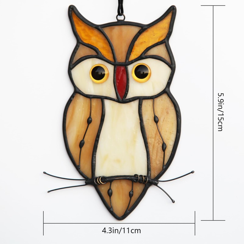Handmade Stained Glass and Wrought Iron owl suncatcher - Amber