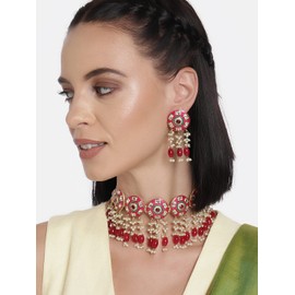 Aheli Handcrafted Meenakari Pink Enamel Choker Necklace with Earrings Indian Traditional Bollywood Jewelry Set Gift for Women