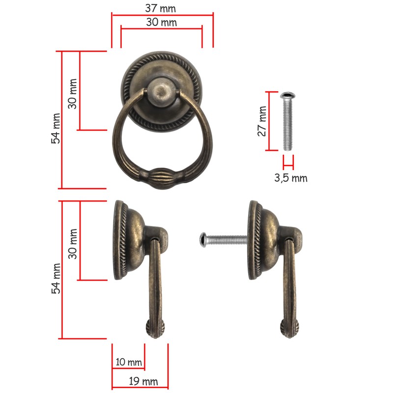 Fuxxer® 4 x Antique Drawer Handles Ring Eyelets Iron Handles