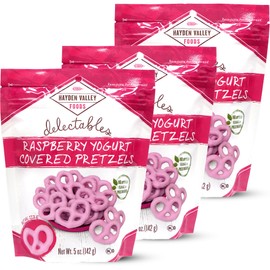 Hayden Valley Foods Raspberry Yogurt Covered Pretzels - 5oz Resealable Bags (Pack of 3) - No Artificial Flavors, Preservatives or Colors