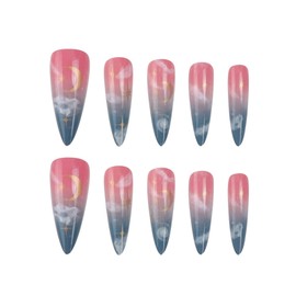 JUSTOTRY Pack of 24 Stiletto Moon Nails for Sticking Long, Navy French Artificial Nails, Cloud Almond Artificial Nails, Press On Nails, Pretty Fingernails Fake Nails for Women