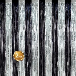 BEISHIDA 2Pcs Black Silver Door Streamers Congrats Grade 2025 Decoration Backdrop Foil Fringe Tinsel Party Streamers Curtains for Birthday Graduation Bachelorette Party Decoations (3.28 ft x 6.56 ft)