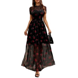 GothDark Women's Mesh Dress Short Sleeve Round Collar Floral Print Waist-Cinched Maxi Summer Casual Dresses