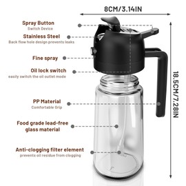 2 in1 Ölsprüher für Speiseöl , 470ml Öl Sprühflasche mit Silikon-Ölbürste, Reinigungsbürste, Öl Sprüher Können Ölspray und Gießen zum Kochen, Grillen, Heißluftfritteuse, Salat, Backen (Schwarz)