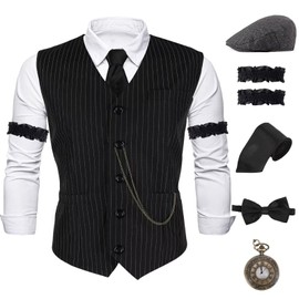 COSLILLI 1920s Mens Gatsby Gangster Costume six-piece set Hat,Vest,Vintage Pocket Watch,Bow tie,tie,Arm rings BL1XL