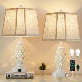 Lamps for Night Stands Set of 2-23.5" Bedside Lamp with USB A+C and Nightlight - Rustic Farmhouse Table Lamp for Bedrooms, End Tables, Living Room - French Country Decor, Bulbs Included, Cream