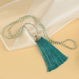 KELITCH Women Tassel Necklaces Girls Silver Plated Beaded Chain Long Necklace with Tassel Pendant - Dark Green