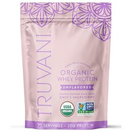 Truvani Proteína de suero orgánica en polvo  Sin sabor  20 g de proteína de suero de leche de animales alimentados con pasto  20 porciones  USDA...   