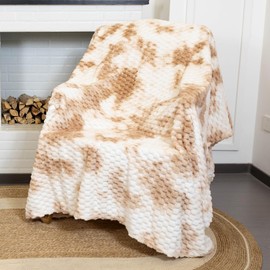 Home Thick Flannel Fleece Queen Bed Blanket,3D Clouds Imitation Turtle Shell Jacquard Decorative Blankets for All Season,Tie-dye Cozy Soft Throw Blanket 90x90 Inches,Brown and White