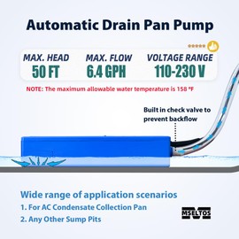 6.4 GPH 50 FT Max Head Drip Pan HVAC Condensate Pump 110V/230V w/Automatic Safety Switch, Quiet Removal Auto Sump Pump Submersible Water Pump for AC, Dehumidifier, Furnace, Basements