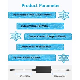 24V DC Power Supply 2A AC Adapter, 100-240 50/60Hz Desktop Adapter to 24 Volts 2Amp Transformer, DC 24V Power Cord, 5.5mm x 2.5mm Plug & 1 Tip