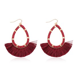 Bohemian Silky Thread Tassel Strand Fringe Statement Hoop Earrings - Lightweight Semi Circle Fan Threader, Mermaid Hoops (Boho Bead Fringe Tassel Earrings - Teardrop Burgundy)