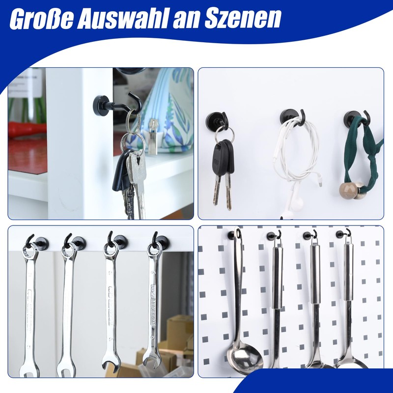Keukenket Magnetic Hooks, Extra Strong, Black, Neodymium Magnet with Hooks,