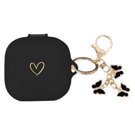 AIIEKZ Compatible with Beats Fit Pro 2021, Soft Silicone Case with Gold Heart Pattern for Beats Fit Pro Case with Cute Butterfly Keychain for Girls Women (Black)