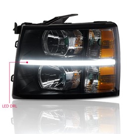 CHEDA LED DRL STRIP Headlights, Compatible with 2007 2008 2009 2010 2011 2012 2013 Chevy Silverado 1500 2500 3500 & HD Models Chrome Housing Headlight(Smoky lens Black Housing Amber Reflector)