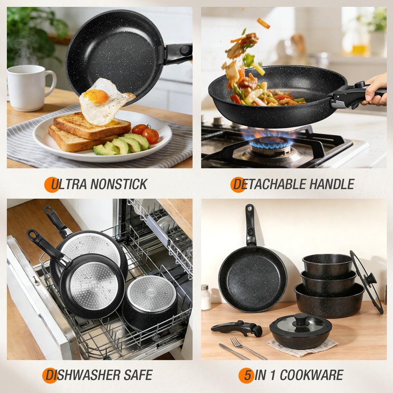 UMETRE pots and Pans Set, Nonstick Cookware Set Detachable Handle,