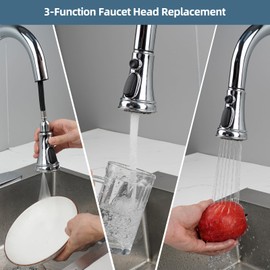 iFealClear Universal Kitchen Faucet Head Replacement, Pull Down Spray Head 3 Modes Kitchen Faucet Sprayer Head Replacement Compatible with Moen, Delta, Kohler, 15 Adapters, Chrome