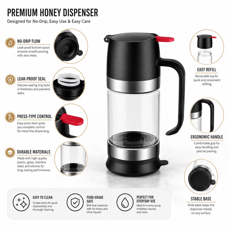 Glass Honey Dispenser for Easy Serving – 300mL Press-Handle Bottom