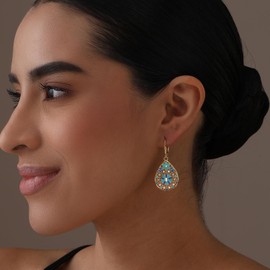 LeCalla 925 Sterling Silver Leverback Earrings for Women | 14K Gold-Plated Filigree Teardop Shaped Vintage Earring | Meenakari Teardrop Earring | Handmade Enamel Earrings 40MM