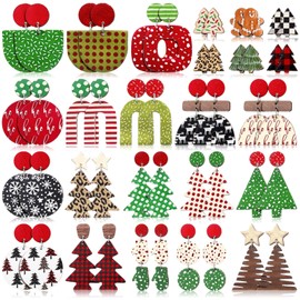 Nosiny 24 Pairs Christmas Vintage Wooden Earrings Christmas Tree Drop Dangle Earrings Colorful Jewelry for Holiday Women