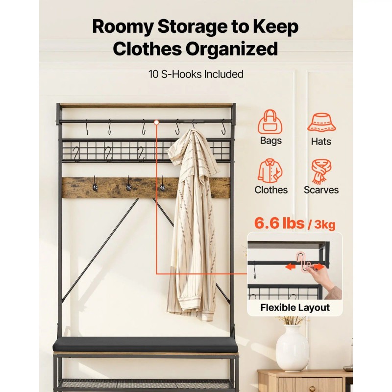 72 in Freestanding Coat Rack with Shoe Bench 2-Tier Storage