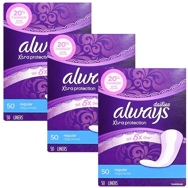 Always Xtra Protection Regular Daily Liners, 50 Count (Pack of 3)