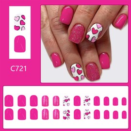 Short Press on Nails Square Fake Nails Heart with Glitter Design Pink False Nails Acrylic Full Cover Artificial Nails Glossy Glue on Nails Stick on Nails for Women Manicure Art 24Pcs