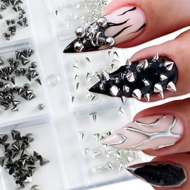 6 Grids Alloy Punk Nail Charms Mixed Sizes Silver Black Cone Spikes Nail Art Studs Mini Metal Nail Rhinestones Flat Back Jewelry for Women DIY Crafts Goth Manicure Decorations Accessories