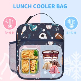 Clastyle Sports Balls Insulated Lunch Bag Children with Bottle Holder, Black Cool Bag Small Schools Portable for Boys