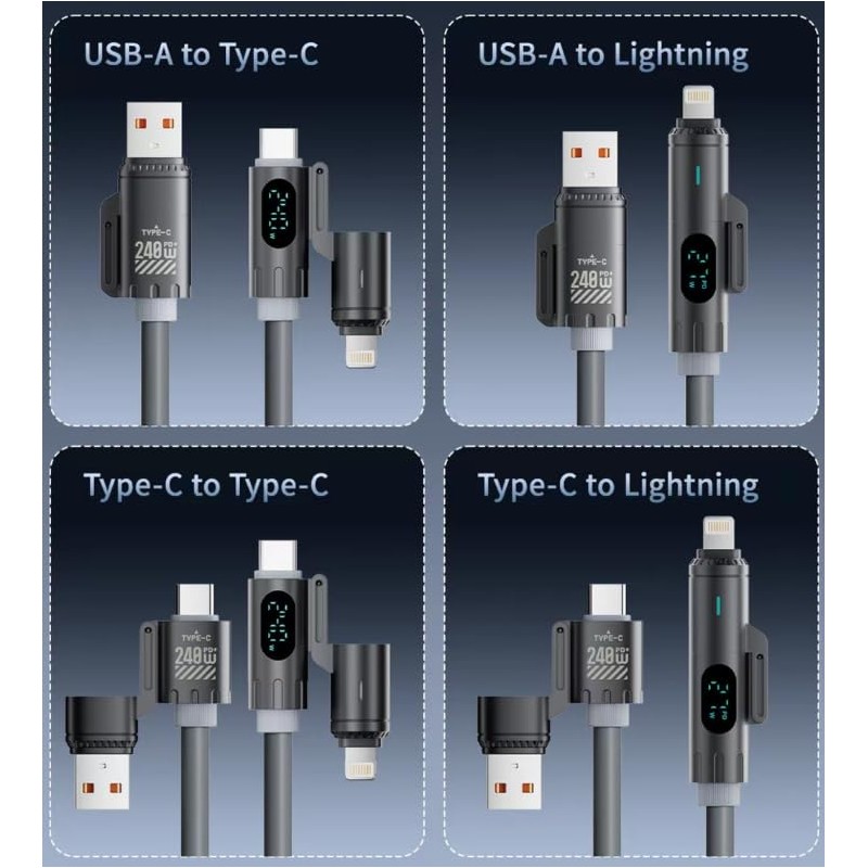 240W 4-in-1 Coiled Fast Charging Cable with LED Display, USB-A