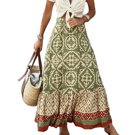 EMOTTOS Skirt Women's Summer Boho Skirt Long High Waist Elastic Swing Skirt A Line Flower Enprint Summer Elegant Beach Dress Women's Long Maxi Skirt Women's Long Green S-XL, Green