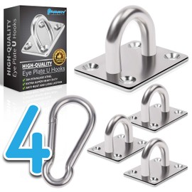 PAMAZY 4 PCS M6 Premium Heavy Duty Square Stainless Steel Pad Eye Hooks + 4PCS Snap Hooks and 16 PCS Screws with 16 PCS Plastic Expansion Tube, Ceiling Hooks Heavy Duty for Outdoor Indoor Activity
