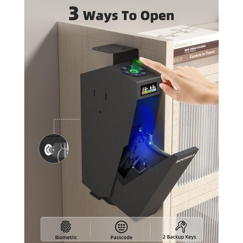 SOOWAY Biometric Gun Safe for Pistols, Single Mount Bedside Pistol